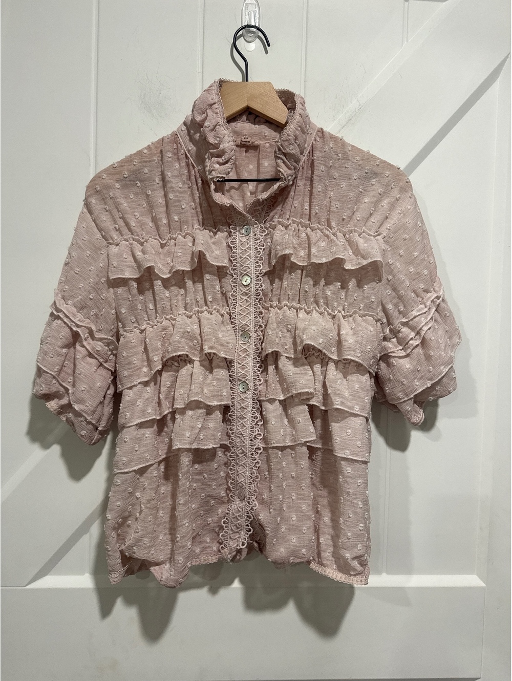 POL Clothing Blush Pink Sheer Plumetis Ruffle Top with Crocheted Lace Trim, M